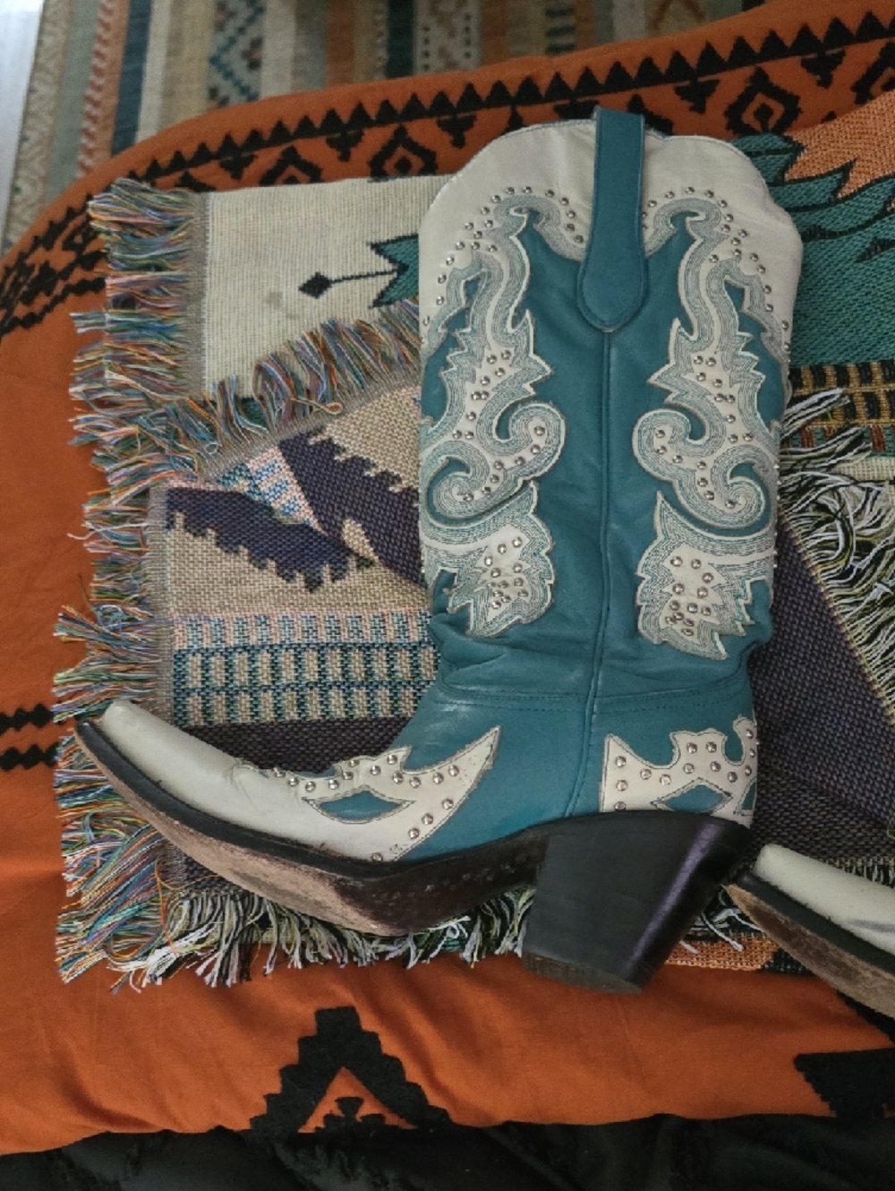 Women’s Teal and Cream Western Heeled Boots - Picture 7 of 10